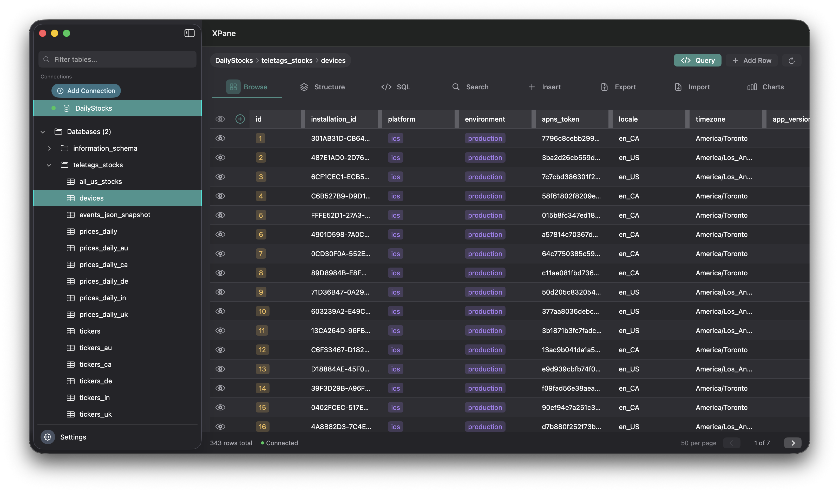 XPane app showing database tables and sidebar on macOS